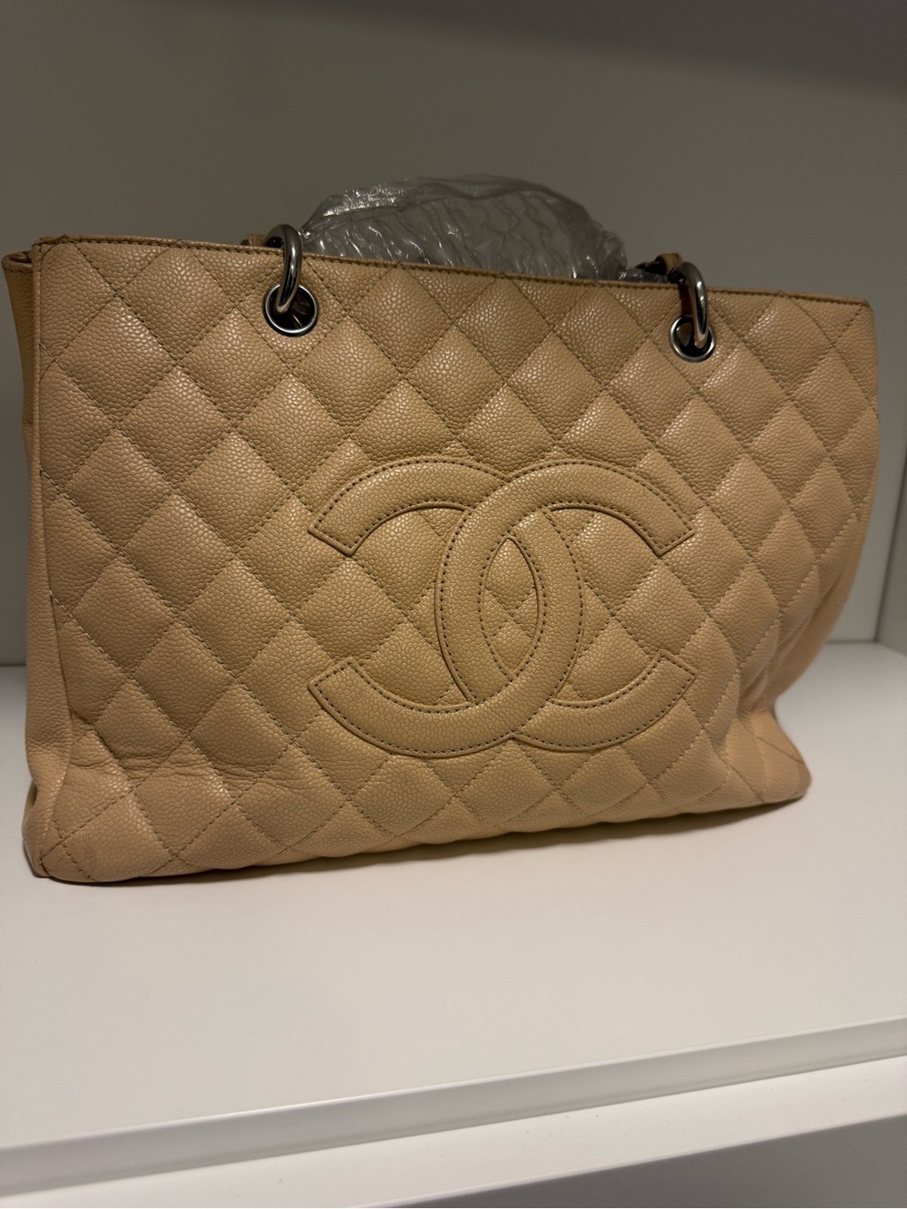 CHANEL Quilted Beige Caviar Leather Tote with Interlocking CC